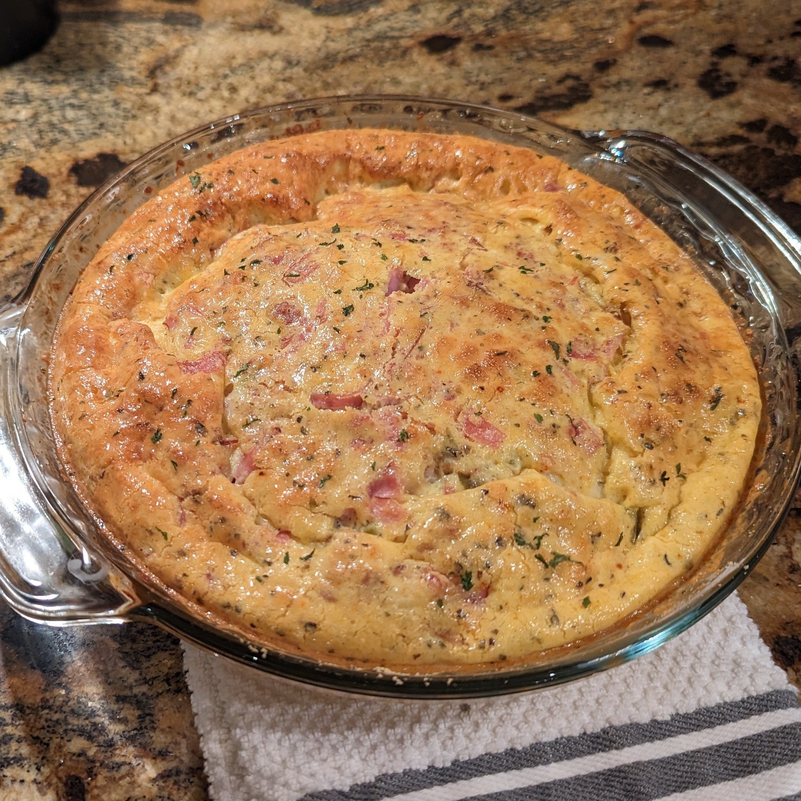 Keto Quiche with Ham, Green Chili, Bacon, and Cheese
